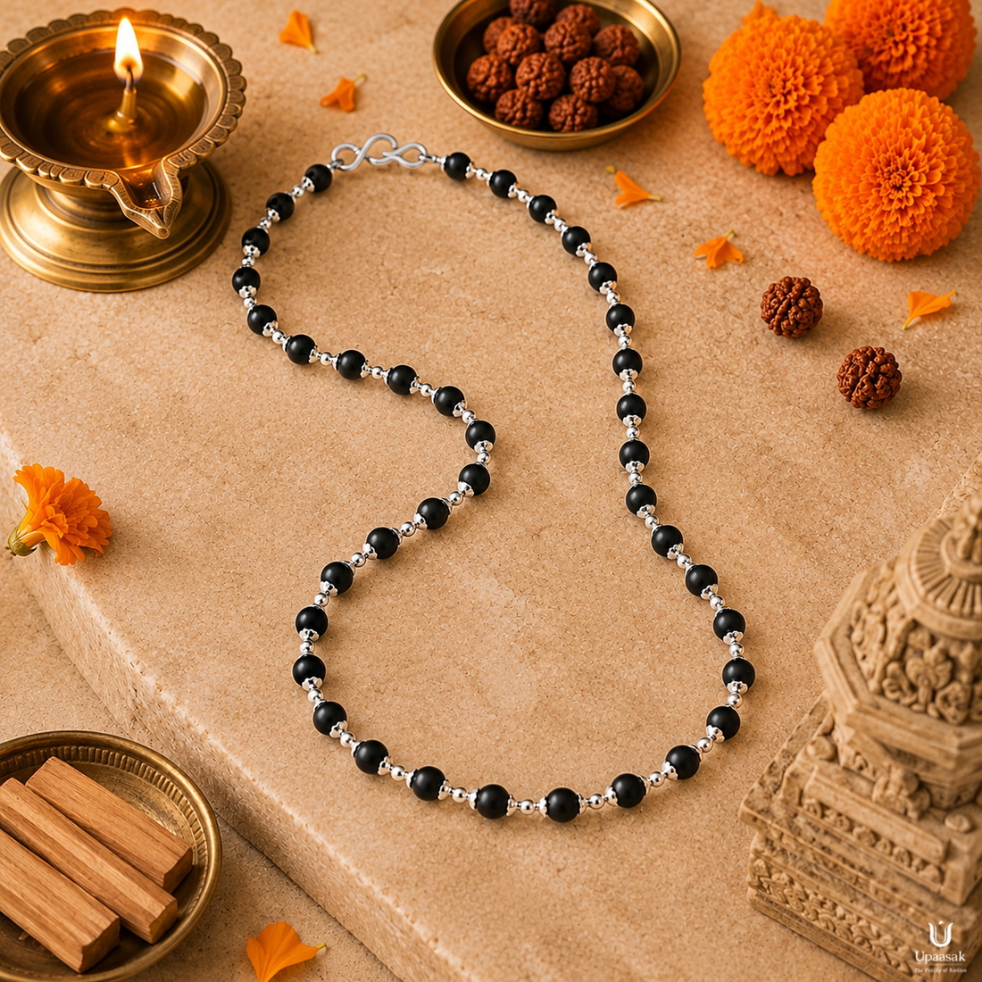 Silver Plated Karungali Ebony Wood Mala