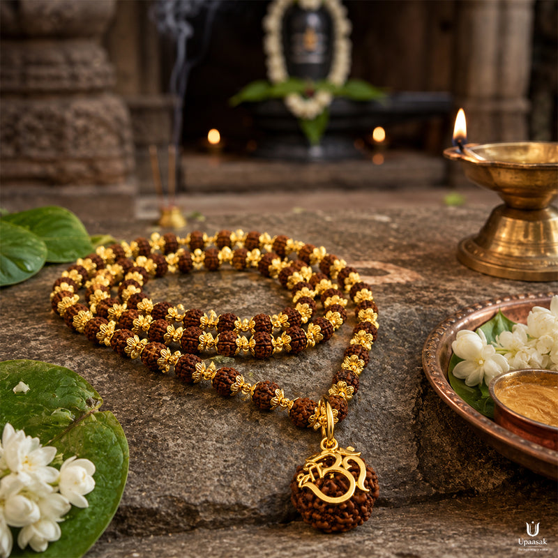 5 Mukhi Rudraksha Mala — Gold Plated Om