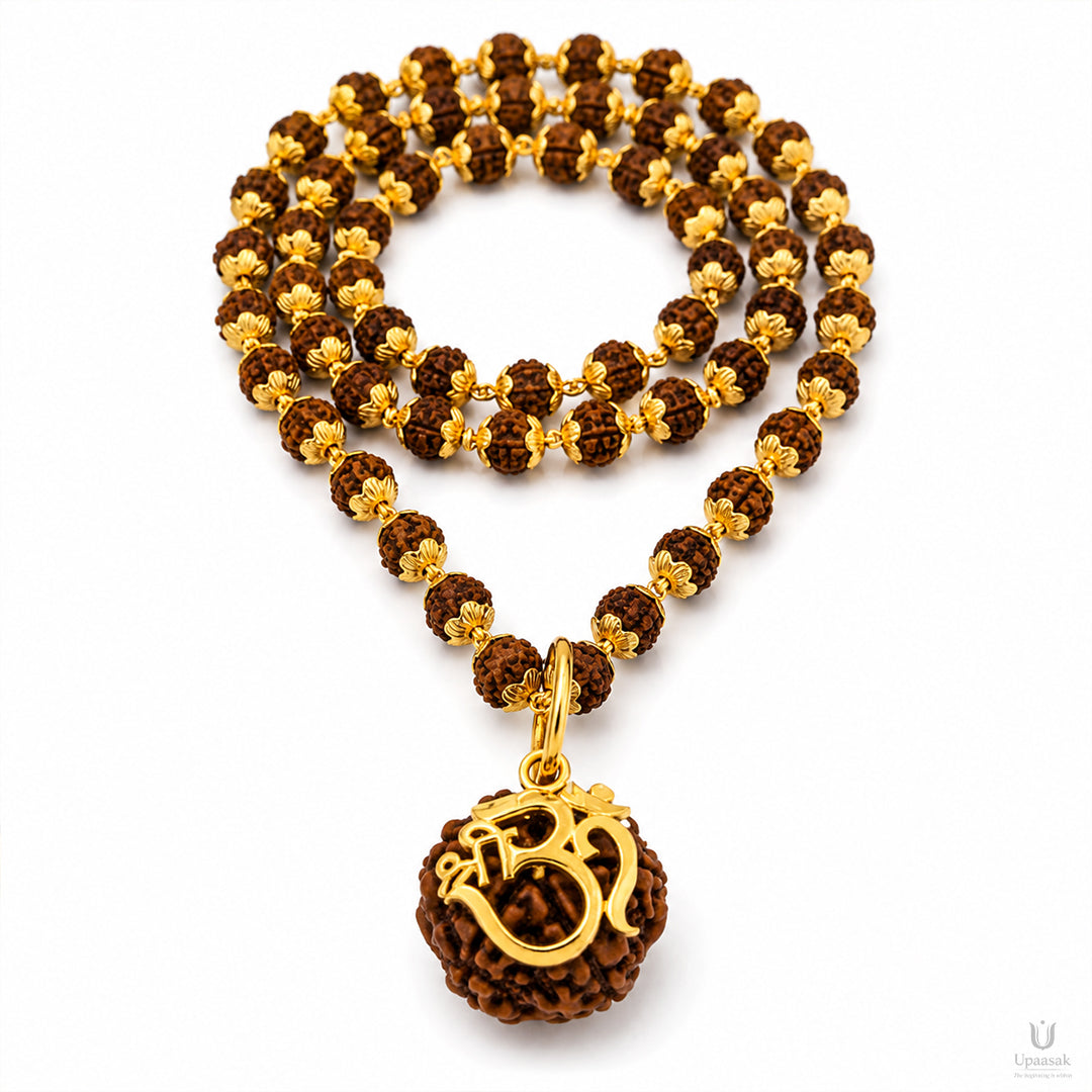5 Mukhi Rudraksha Mala — Gold Plated Om