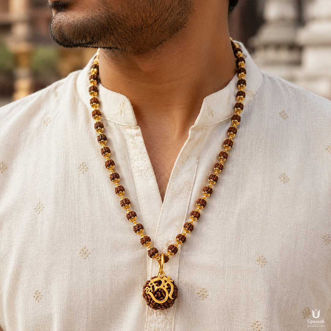 5 Mukhi Rudraksha Mala — Gold Plated Om