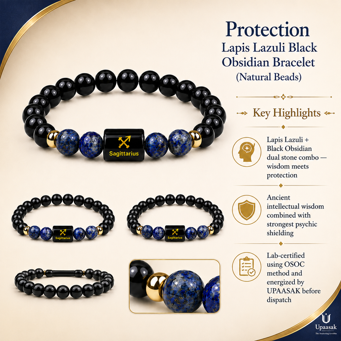 Protection Lapis Lazuli Black Obsidian Bracelet (Natural Beads)