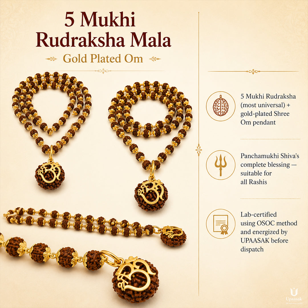 5 Mukhi Rudraksha Mala — Gold Plated Om