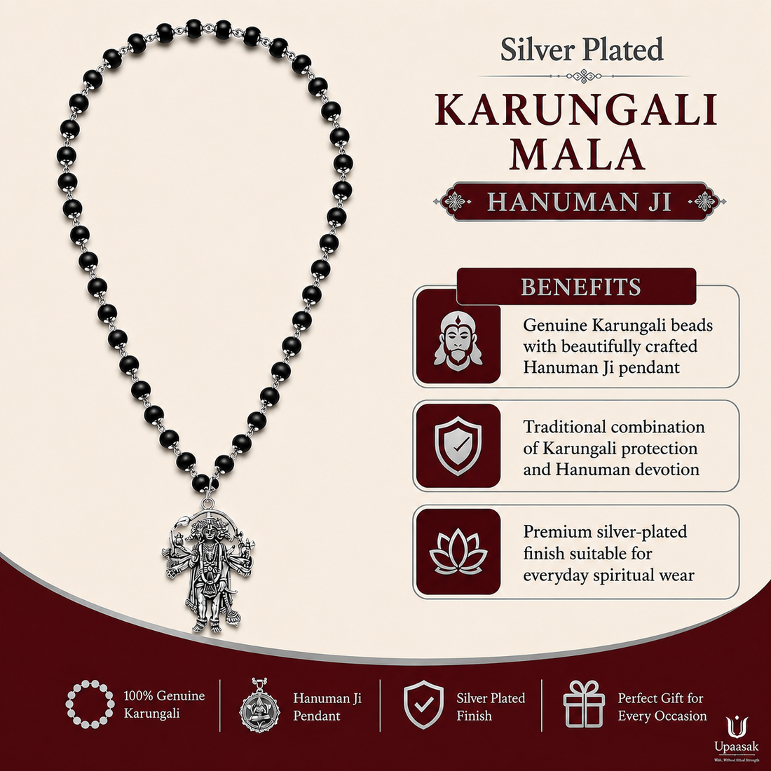 Silver Plated Karungali Mala — Hanuman Ji