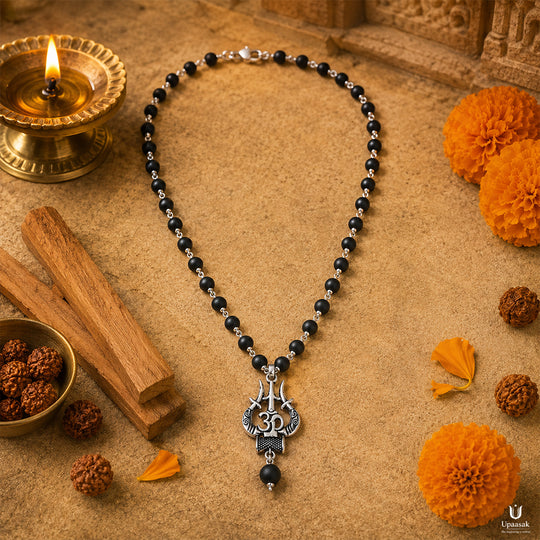 Silver Plated Karungali Mala with Trishul Pendant