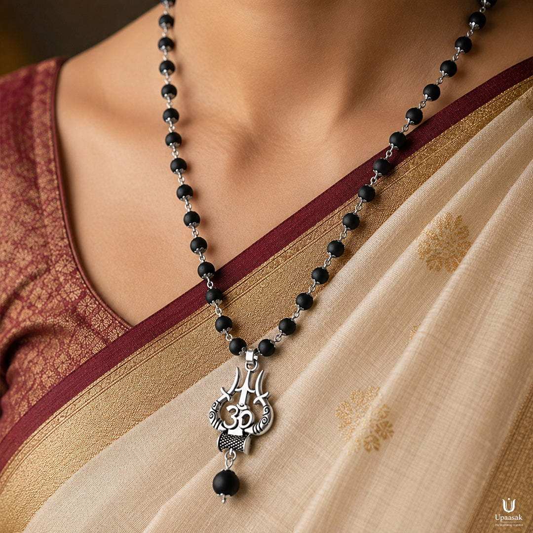 Silver Plated Karungali Mala with Trishul Pendant